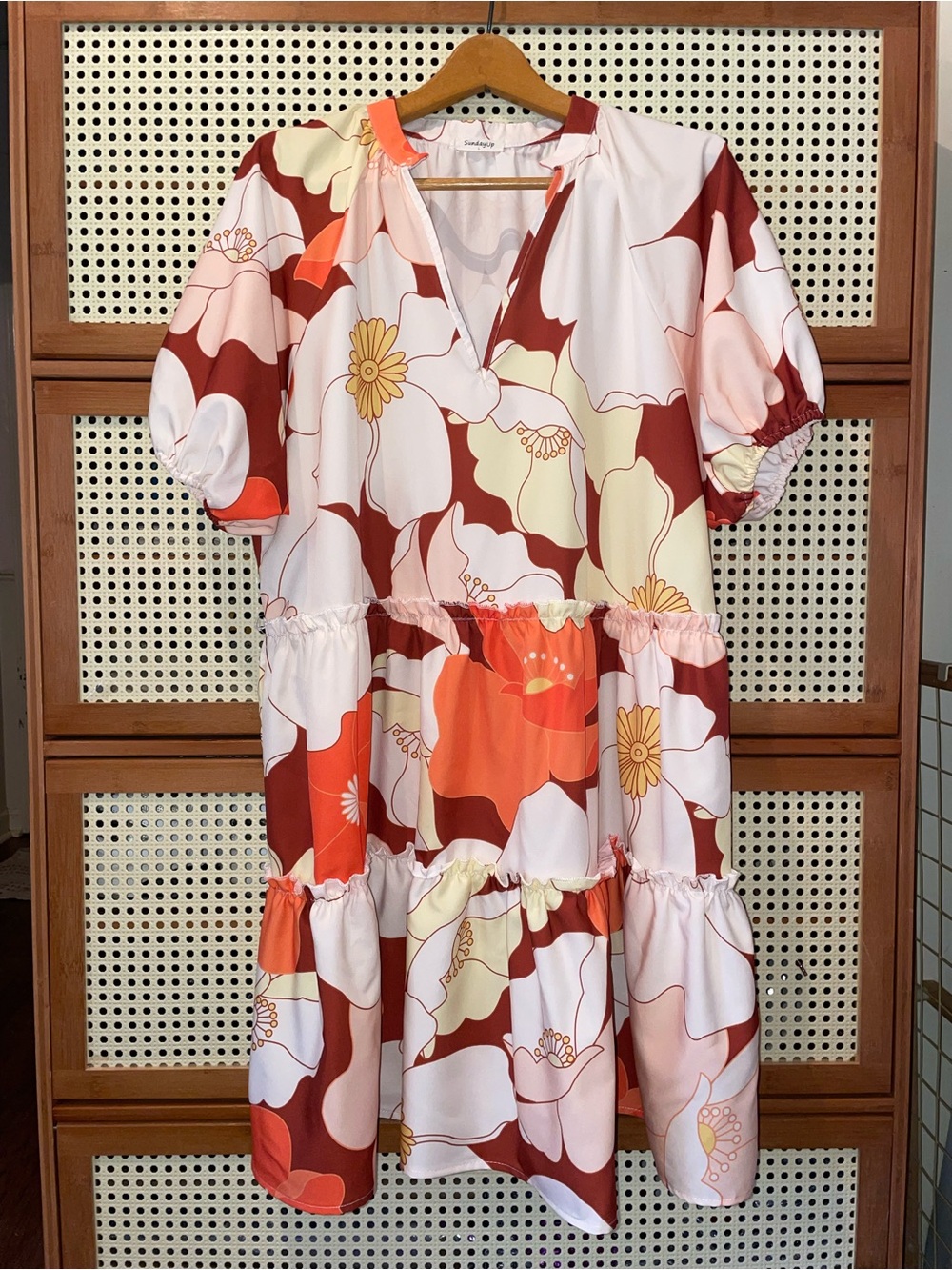 Sunday Up Colorblock Floral Tiered Dress for Fall in White, Rust, Orange, Yellow